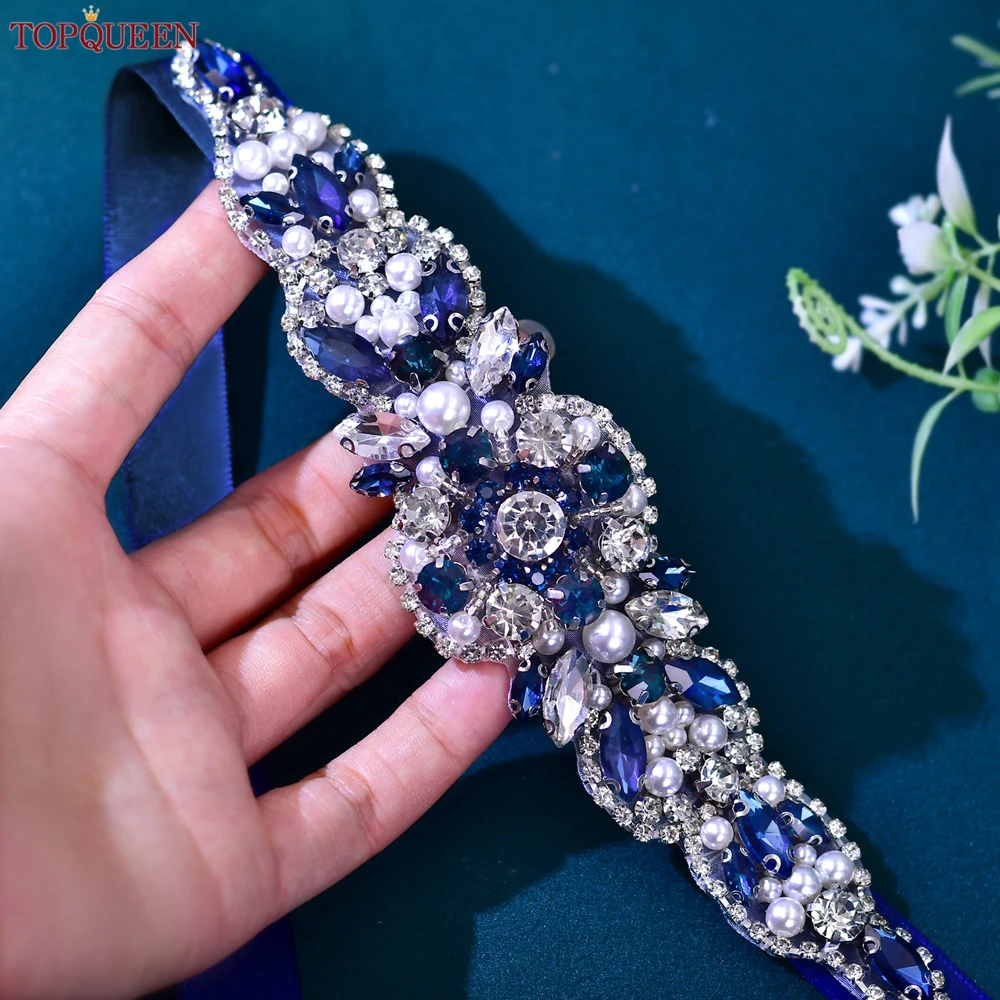 

TOPQUEEN Vintage Design Wedding Belt Navy Blue Stone Jewelry Applique Sash Bridal Accessories Formal Dress Waist Decoration S162