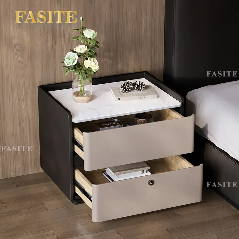 For Italian Minimalist Rock Slab Bedside Table Light Luxury Bedroom Leather Color Matching Eco Friendly All Solid Wood