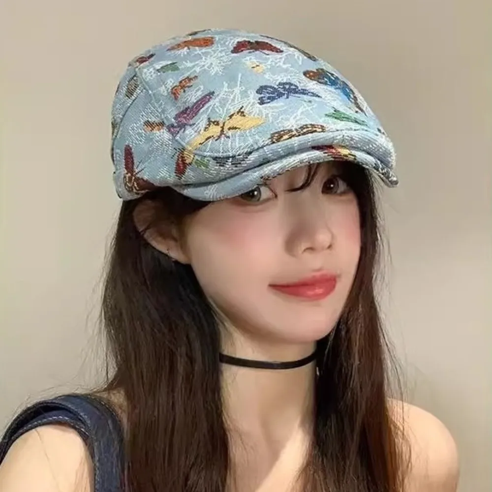 

Ethnic Style Butterfly Embroidered Hat Fashionable Print Beret Women's Retro Newsboy Flap Top Cap Backwards Artist Hat
