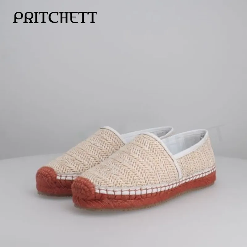 Color Matching Woven Slip-On Casual Shoes Round Toe Mid-Heel Espadrille Embroidery Comfortable Fashion Plus Size Women's Shoes