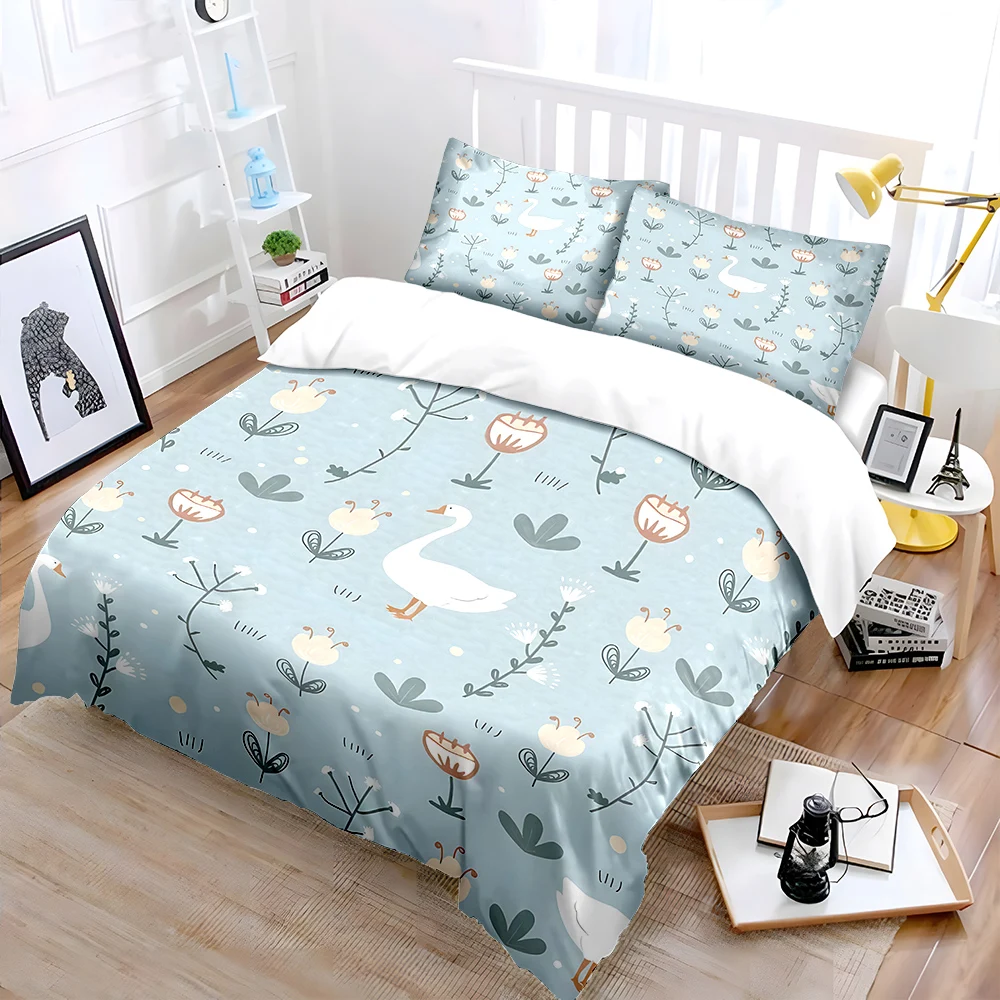 Light blue background with geese and flowers Pattern Duvet Cover Set Digital Print Polyester Bedding with Zipper Closur gifts