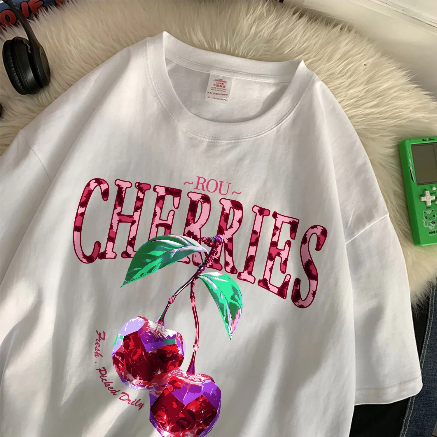 

ROU Cherries T Shirt Women Purple Crystal Prints T-Shirts Casual O-Neck Short Sleeve Tops Summer Women Clothes