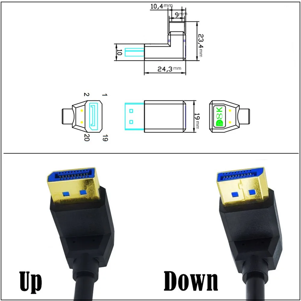 Cable DisplayPort 1,4 de ángulo arriba y abajo de 90 grados, extensión DP macho a macho, 0,3 M, 30cm, 8K/60Hz, compatible con 1,4 V