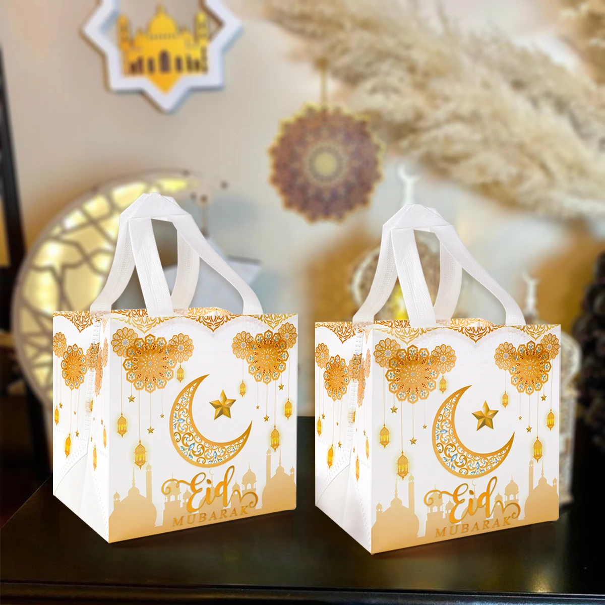 4Pcs Eid Mubarak Gift Bag Ramadan Kareem Nonwoven Pouch Cookie Candy Packaging Bags Muslim Islamic Ramadan Party Decor Supplies