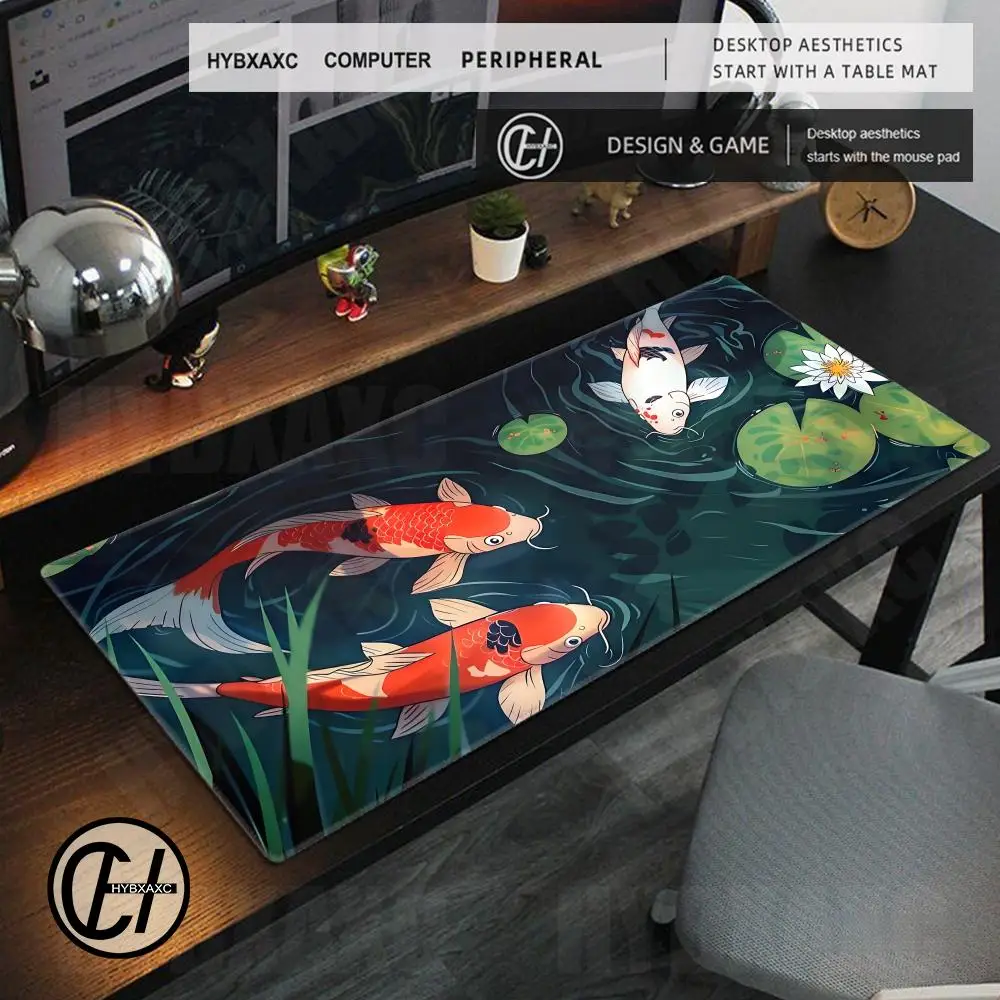 HYBXAXC Swan Lake Mousepad Botanical Nature Deskmat Lotus Flower and Lily Gaming Mouse Pad Cute Koi Pond Non-Slip Keyboard Mat