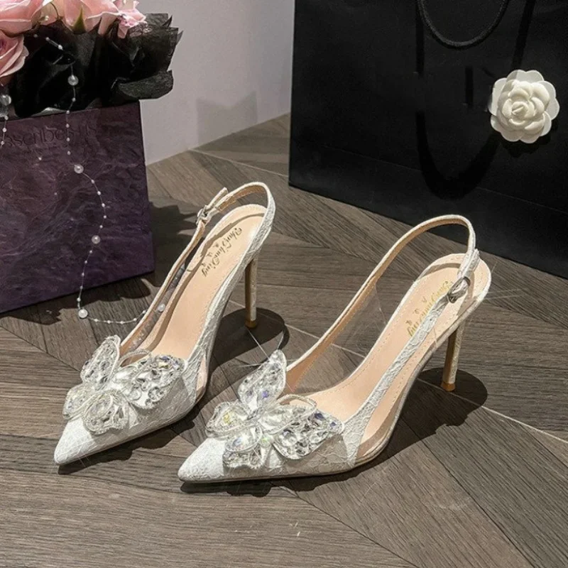 Summer White Wedding Shoes Thin Heel Pointed Toe Sandal Crystal Bow Fashion Korean Bridal High Heels