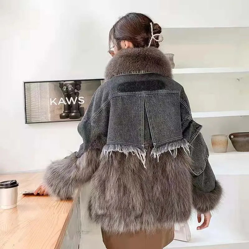 

Raccoon fur and grass coat for women 2024 new winter splicing denim youthful style