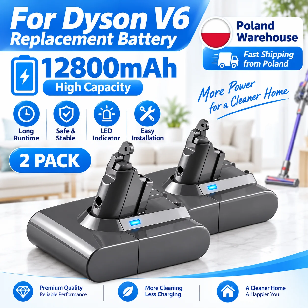 12800-mAh-Lithium-Ionen-Ersatzakku, kompatibel mit dem kabellosen Dyson V6-Staubsauger, wiederaufladbarer Akku mit hoher Kapazität und Mehrfachschutzsystem.