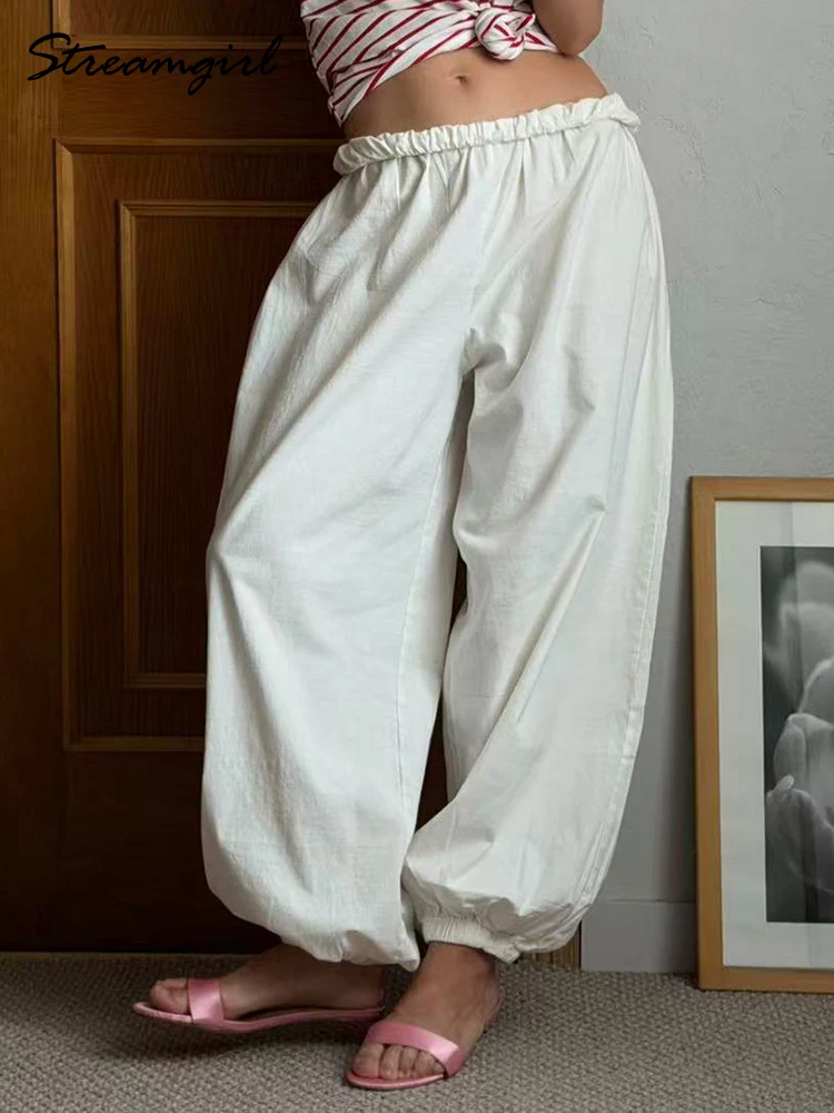 Wide Leg Red Pants For Women Cotton Long Bloomers White Autumn Elastic Waist Lantern Trousers Women Straight Practice Pants Lady
