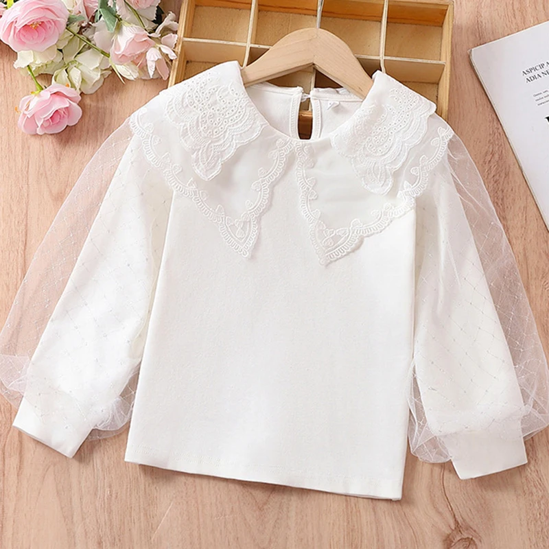 

2024 Spring and Autumn New children's Top Children's Girls' Bubble Sleeve Lace Collar Pure Cotton T-shirt Girls' Long Sleeve Top