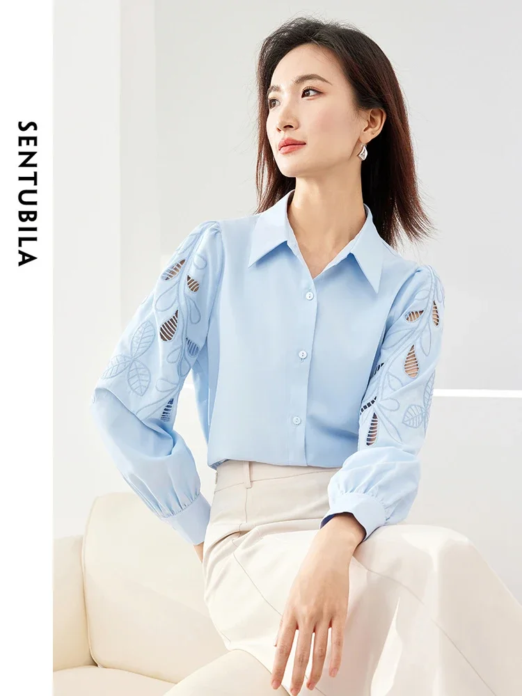 SENTUBILA Hollow Out Embroidery Blue Shirt for Office Ladies 2024 Spring Elegant Lapel Single Breasted Women Blouses M43C57362X