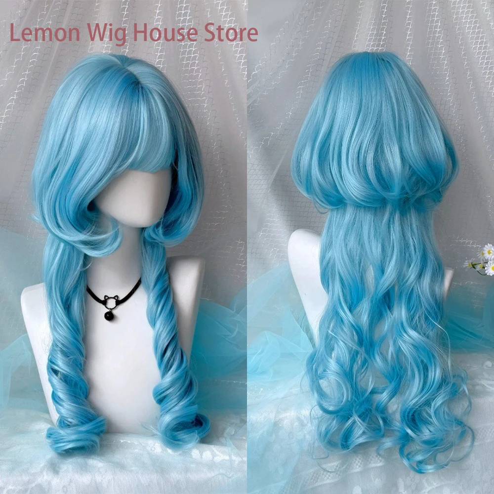 Double Ponytail Blue Black Wigs with Bangs Princess Roll Cosplay Wigs for Women Halloween Costume Wig Natural Synthetic Hair 가발