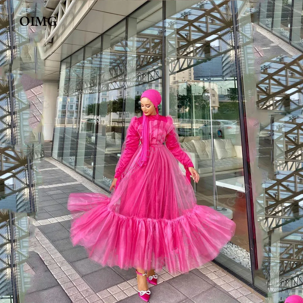 

OIMG Hot Pink Organza A Line Prom Dressess Luxuriy Velour Prom Dress Full Sleeves Mulsm Party Dress Custom Evening Dresses