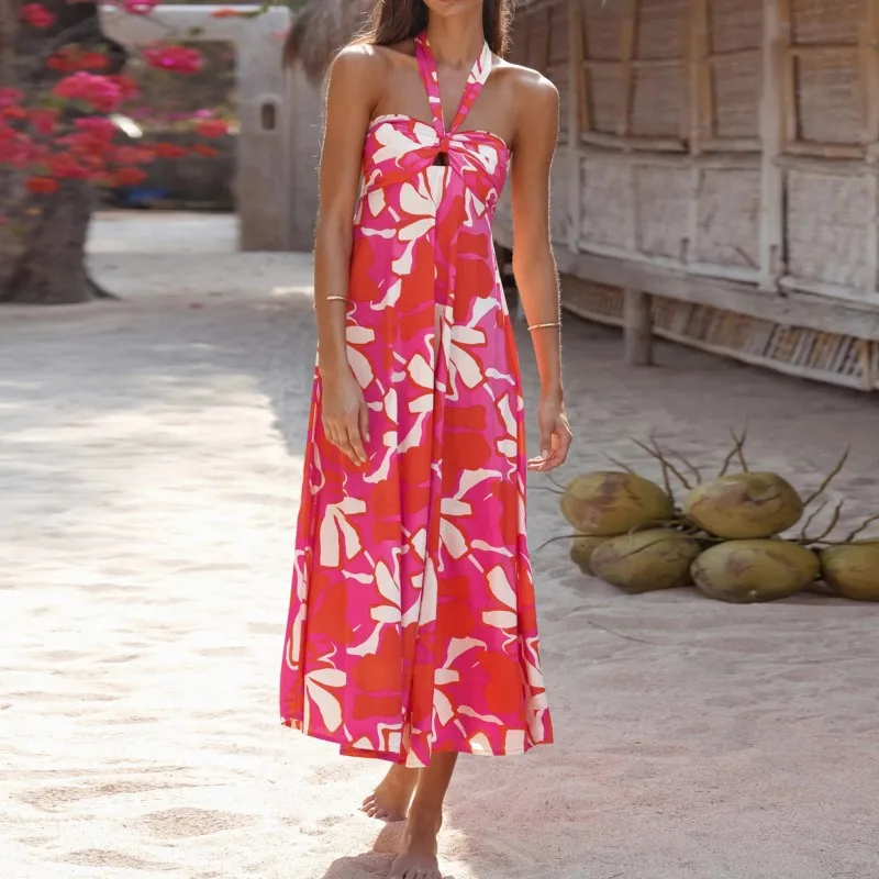 

2025 New Women's Sexy Halter Neck Bohemian Plant Printed Long Skirt Solid Color Sleeveless Mid Waist Backless Beach Casual Dress