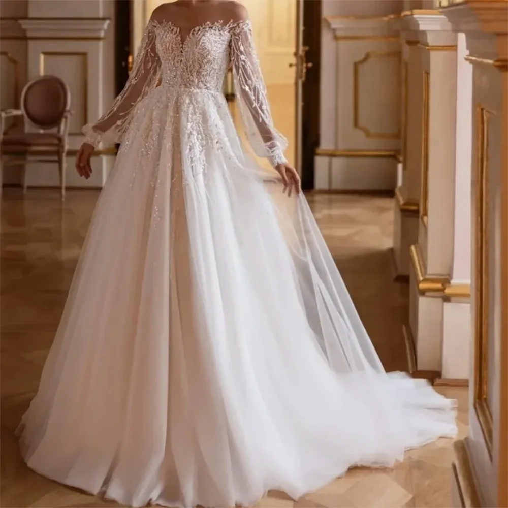 

Elegant Off Shoulder Appliquins Lacr Pleat A-Line Bride Wedding Dreees Bridal Gowns Customized