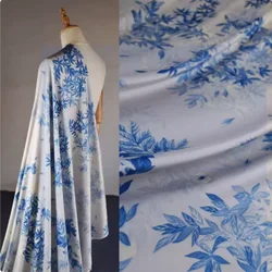 Senior Feeling China Wind Blue Leaves Print Imitate Silk, Satin Fabric, Dress, Han Cloth, Pajamas Handmade Sewing T2181