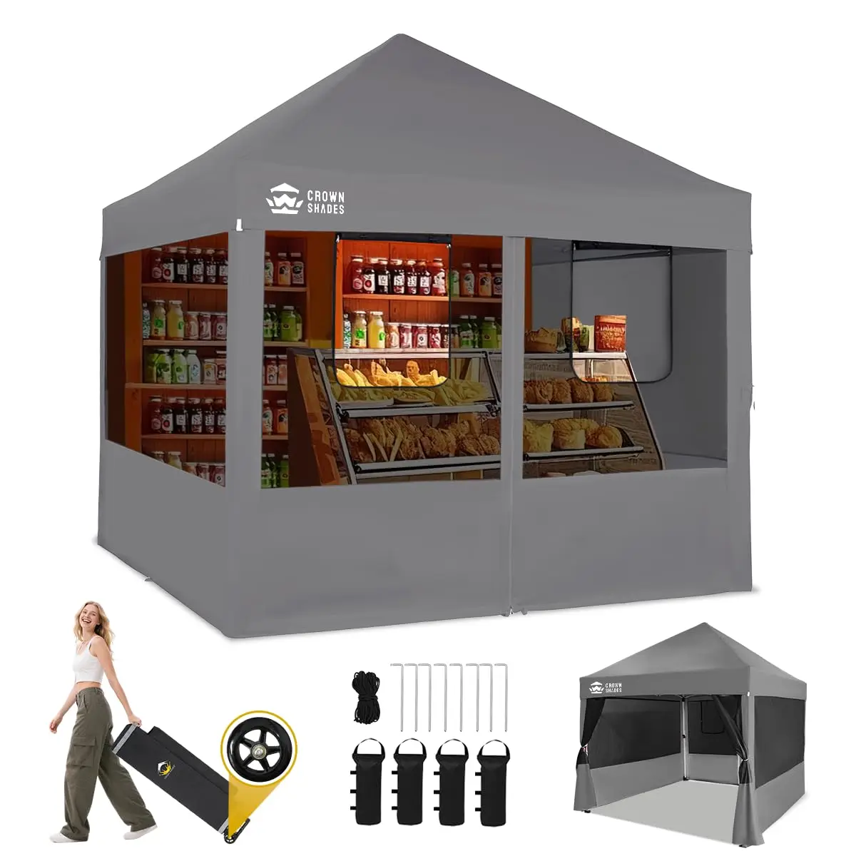 10x10 Pop Up Canopy, Food Tents for Outdoor Serving, Gray | Patented CenterLok One Push Vendor Food Booth Tent, 400D