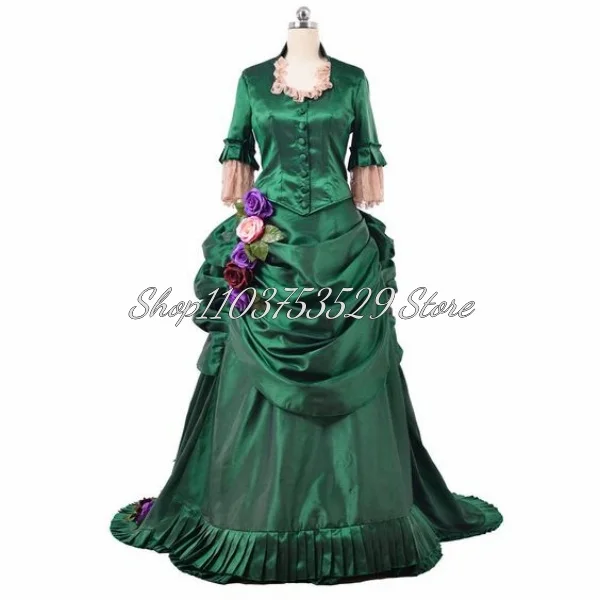 Medieval Victorian Green Wedding Dress Vintage Gothic Pleated Cubic Floral Tulle Ruffle Rococo Role Play Masquerade Gowns