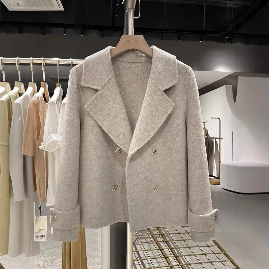 

Women Wool Tailored Coats Solid Short Jackets Button Lapel Collar Long Sleeves Loose Fit Double Breasted Casual 2025 Spring