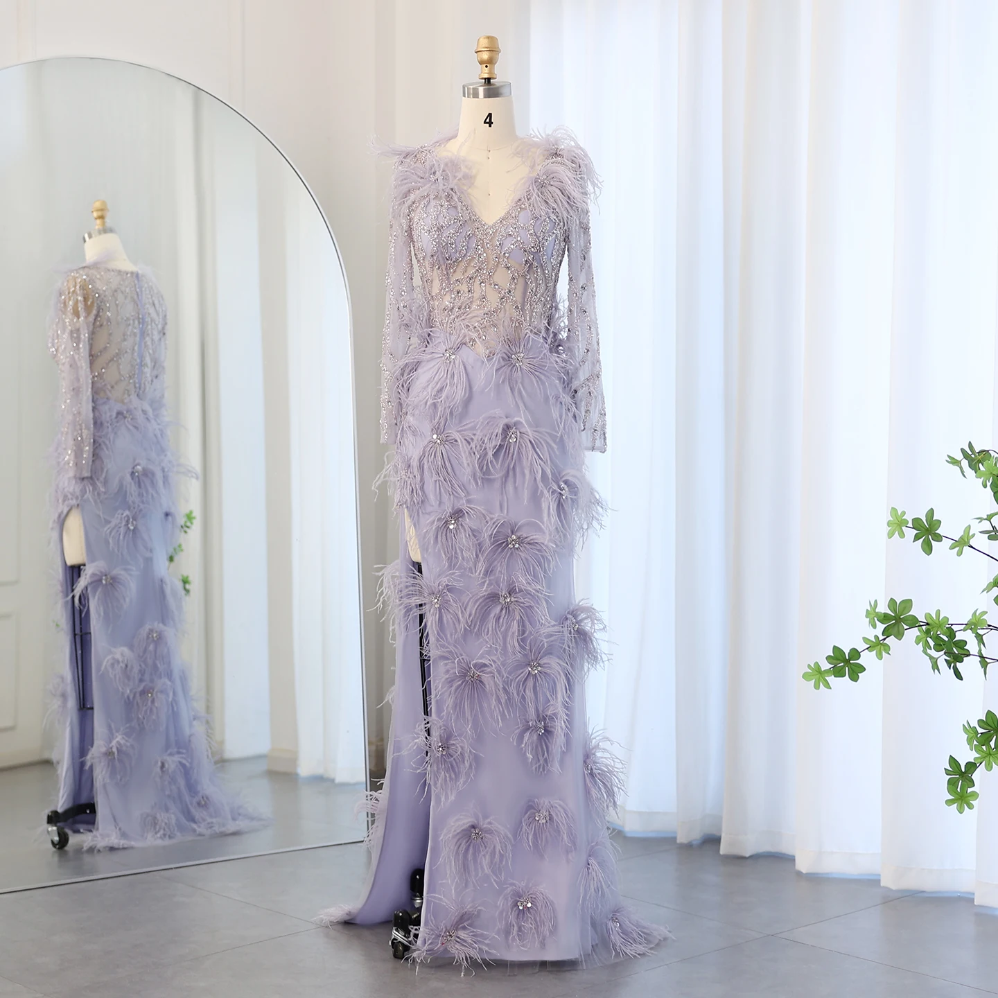 Jancember Feathers Lilac Mermaid Evening Dresses Long Sleeves Elegant V-Neck Arabic Woman Wedding Party Gowns Sz183