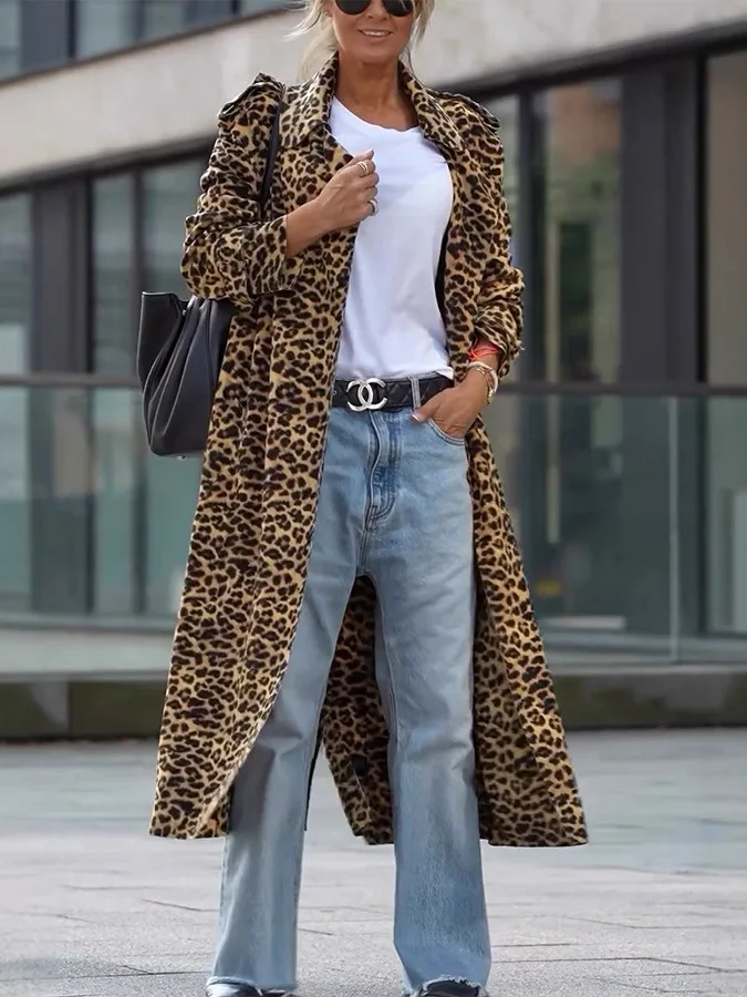 الخريف الشتاء ليوبارد طباعة معطف المرأة فضفاض غير رسمي طويل Sve بدوره إلى أسفل طوق Vintage ملابس خارجية كبيرة الحجم