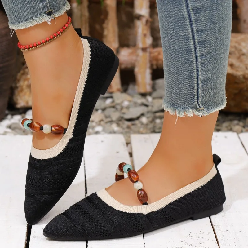 

Women's Flats Knitted Fabric Pointed Toe Pumps Slip-on Shoes Fashion Beaded Elastic Band Mary Janes Daily Soft Sole Casual Shoes