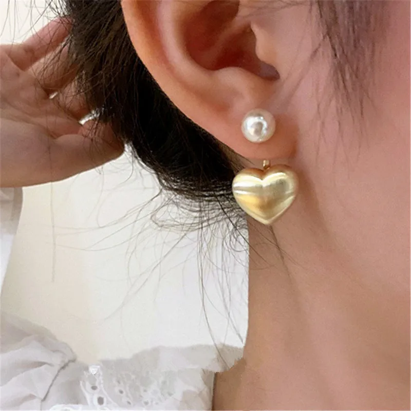 Front And Back Single Pearl Metallic Heart Earrings For Women 2023 New Fashion Jewelry Pendientes Wholesale