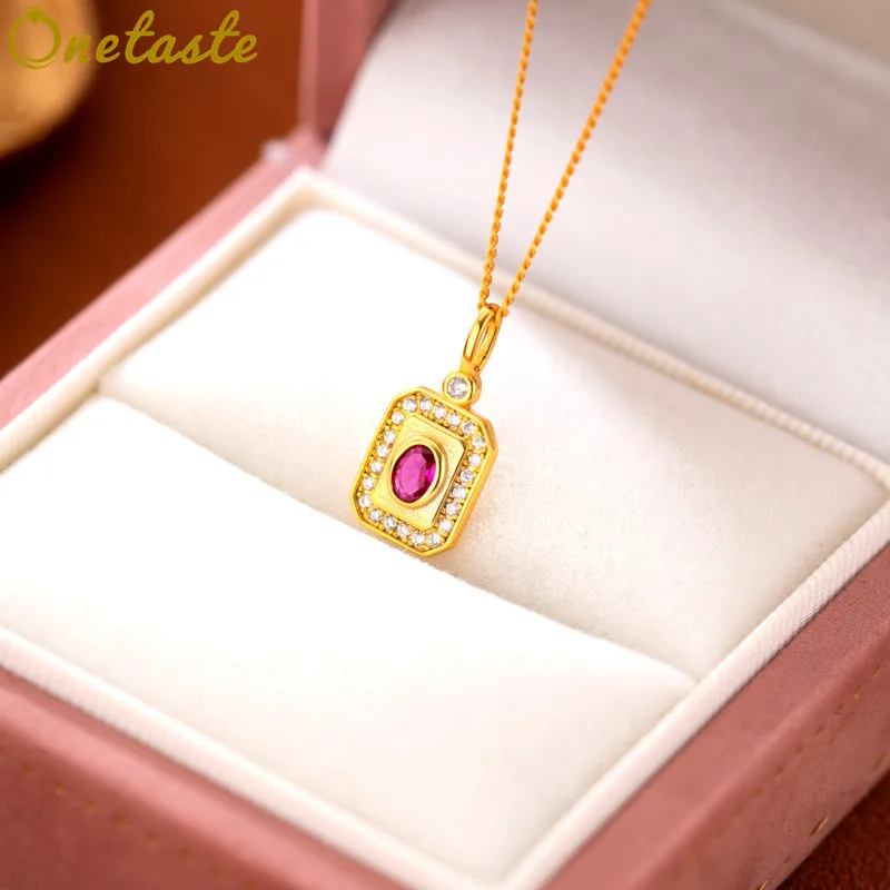 

925 Silver Red Garnet CZ Oblong Pendant Necklace Women Sparkling Thin Chain Geometric Trendy Dainty Layered Necklaces Party Gift