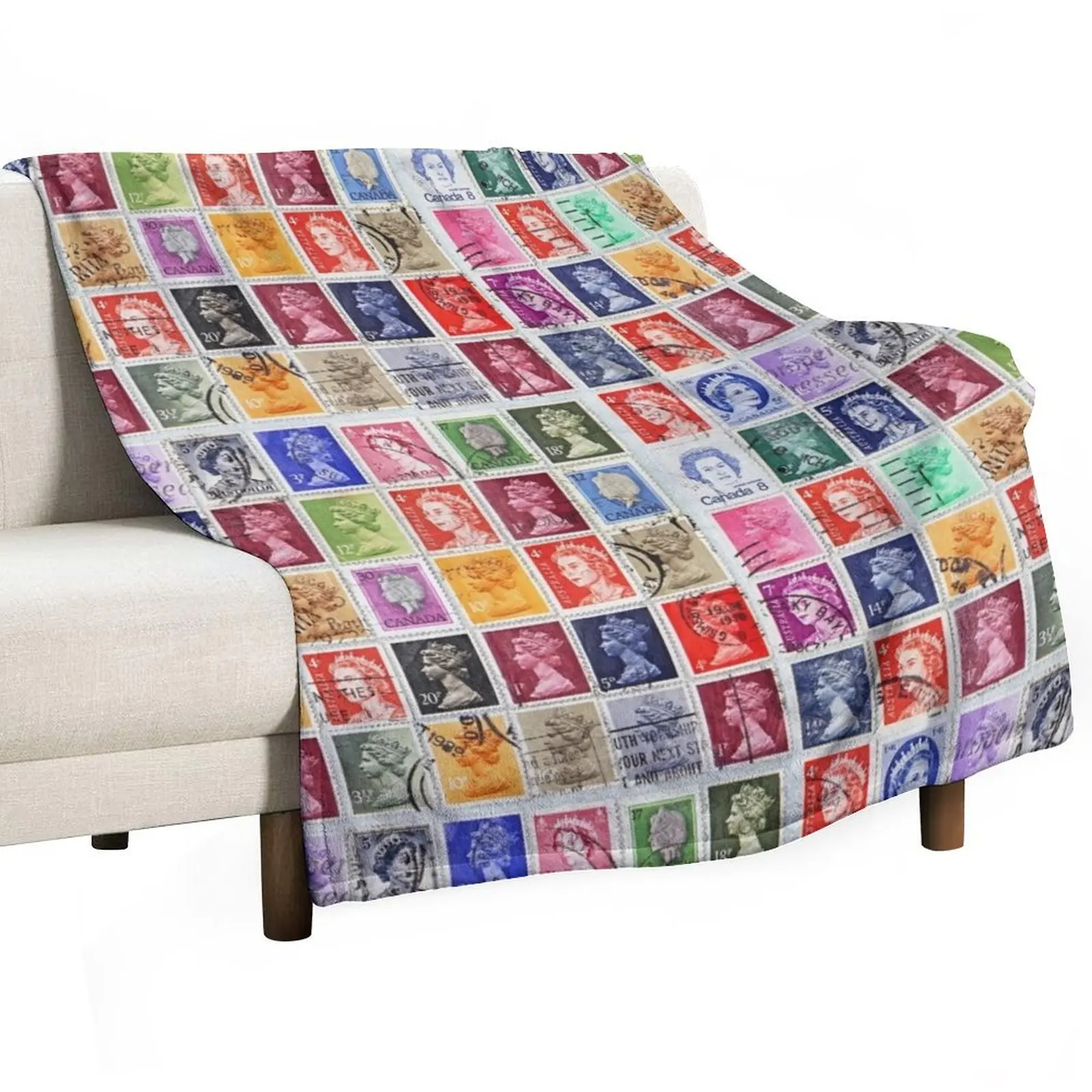 Postage stamps of British Commonwealth with image of Her Majesty Queen Elizabeth. Throw Blanket Warm Blankets