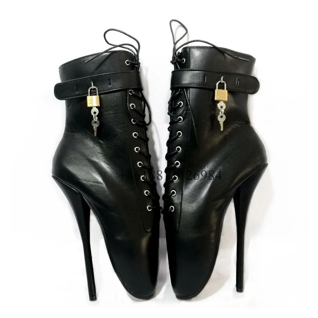 Sexy Style Pointed Toe Metal Lock Buckle Ankle Women Ballet Boots Stiletto Super High Heels Lace Up Design Large Size Shoes