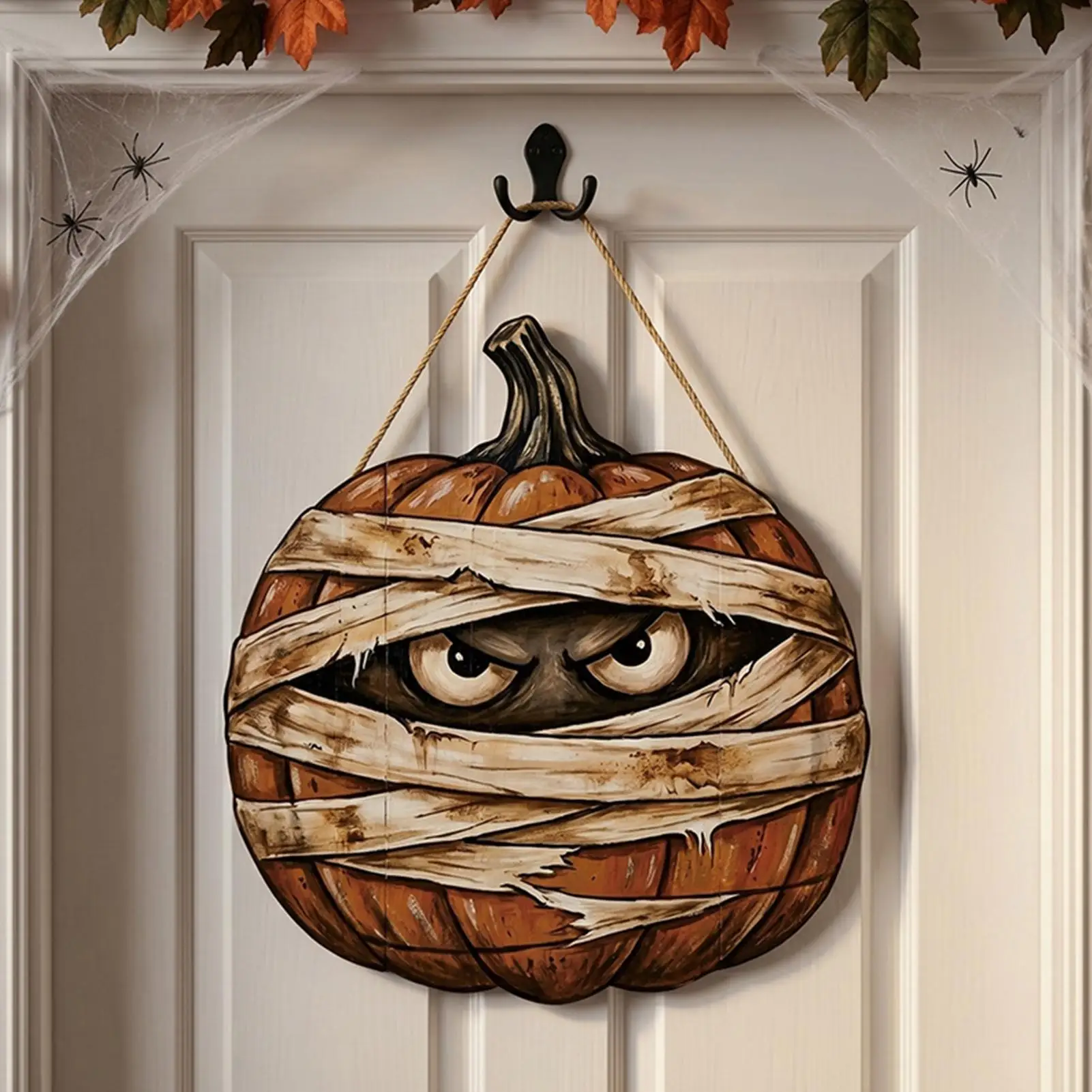 Halloween wooden pumpkin wall Door Spooky Funny Vintage bandage pumpkin ghosts face with Rope Pumpkin Front Door Sign