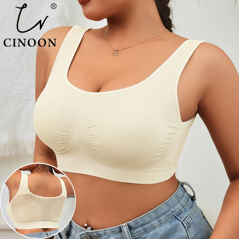 Biustonosz sportowy CINOON Plus Size dla kobiet, bez fiszbinów, pełny kształt miseczki, oddychający, z siateczkowym tyłem, komfortowy, podtrzymujący, do jogi, bezszwowy, push-up, bielizna.
