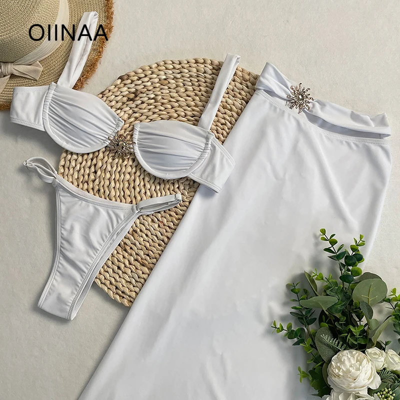 

OIINAA White Swimsuit Women Backless Lace Up Bikini Set Metal Decor Beach Long Skirt Summer 2025 New Korean Three-piece Swimwear