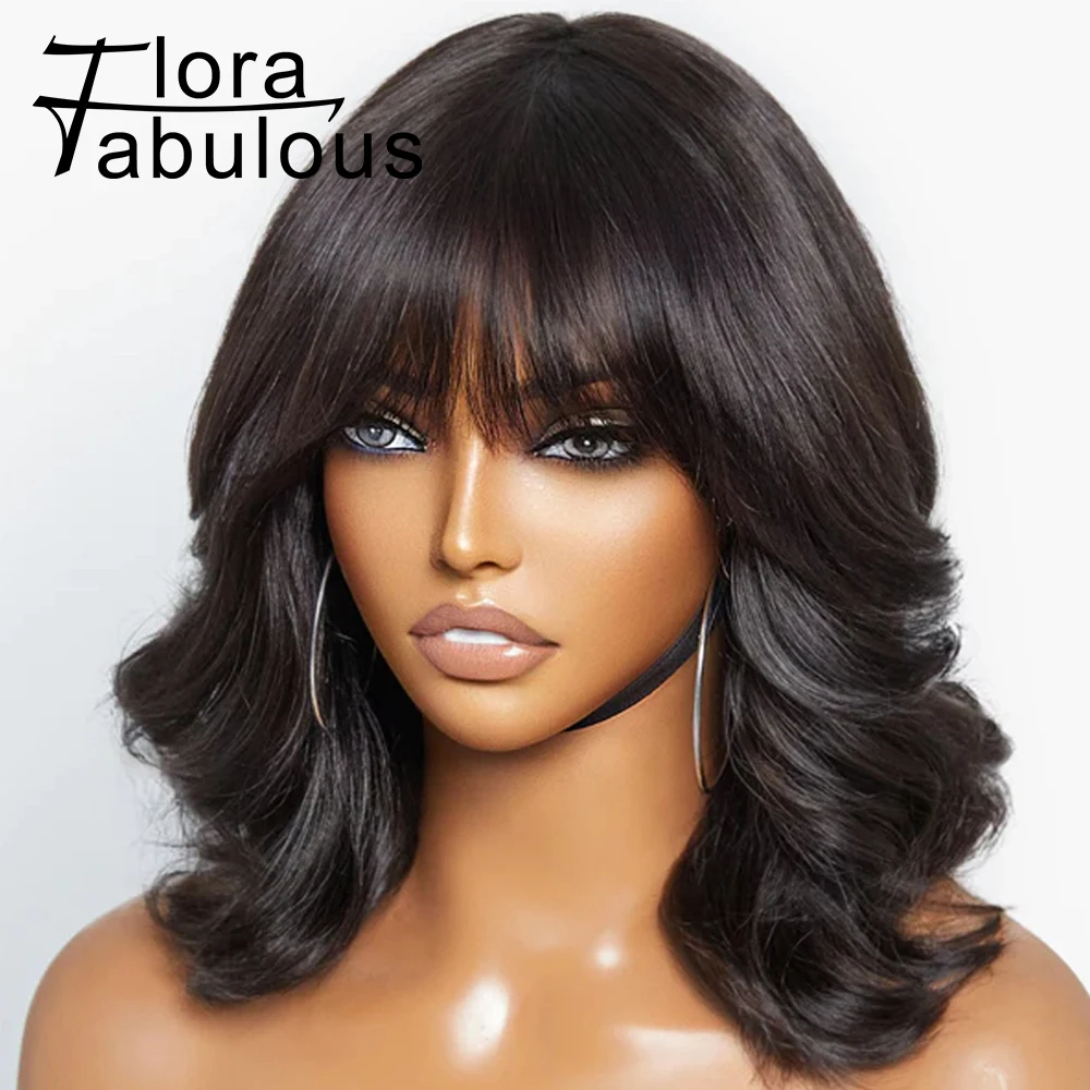 

14Inch Body Wave Human Hair Wigs With Bangs Short Wavy Bob Wigs Transparent 3X1 Lace Brazilian Fringe Human Hair Wig For Women