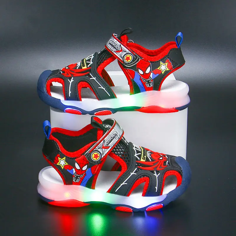 Sandales à Semelle Souple avec Lumière LED pour Garçon, Chaussures Décontractées, en Maille, Bleues et Rouges, pour la Plage, Taille 23 à 34, Été