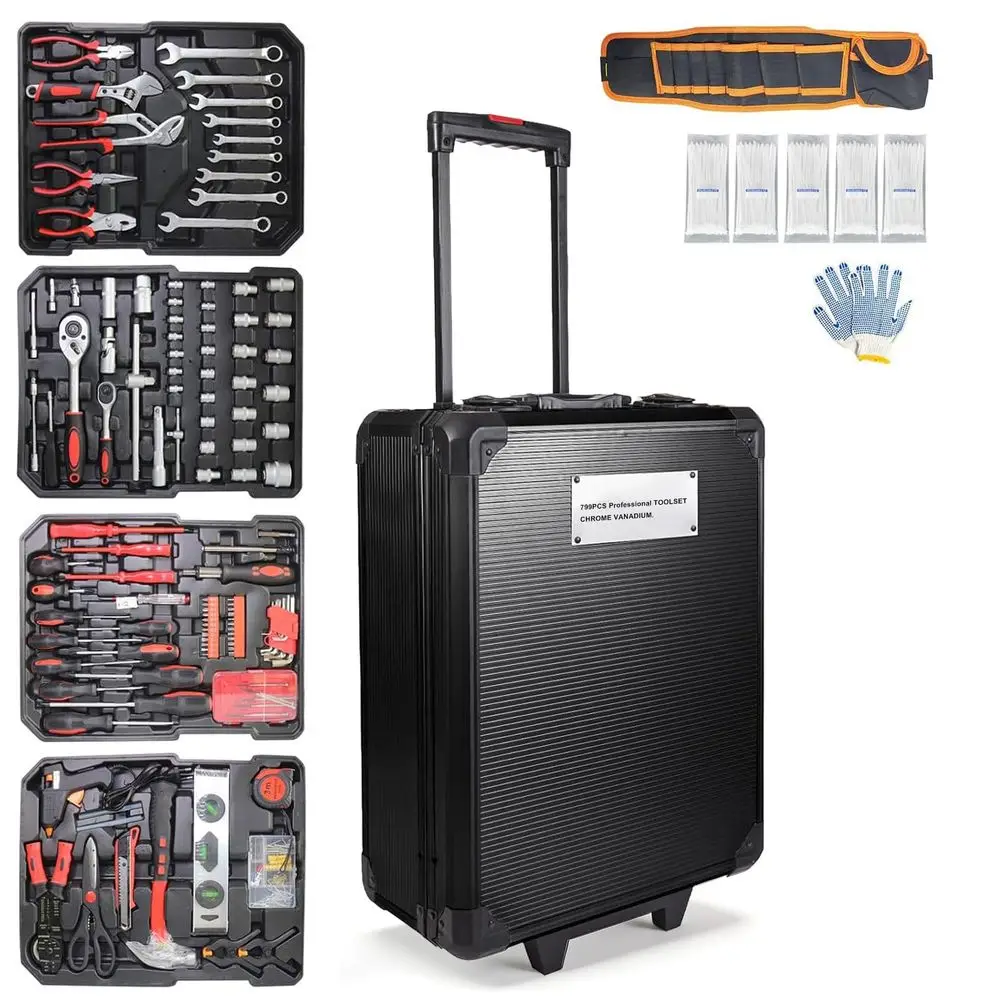 

799pcs Aluminum Trolley Case Tool Set Silver, House Repair Kit Set, Household Hand Tool Set, with Tool Belt,Gift on Fathers Day