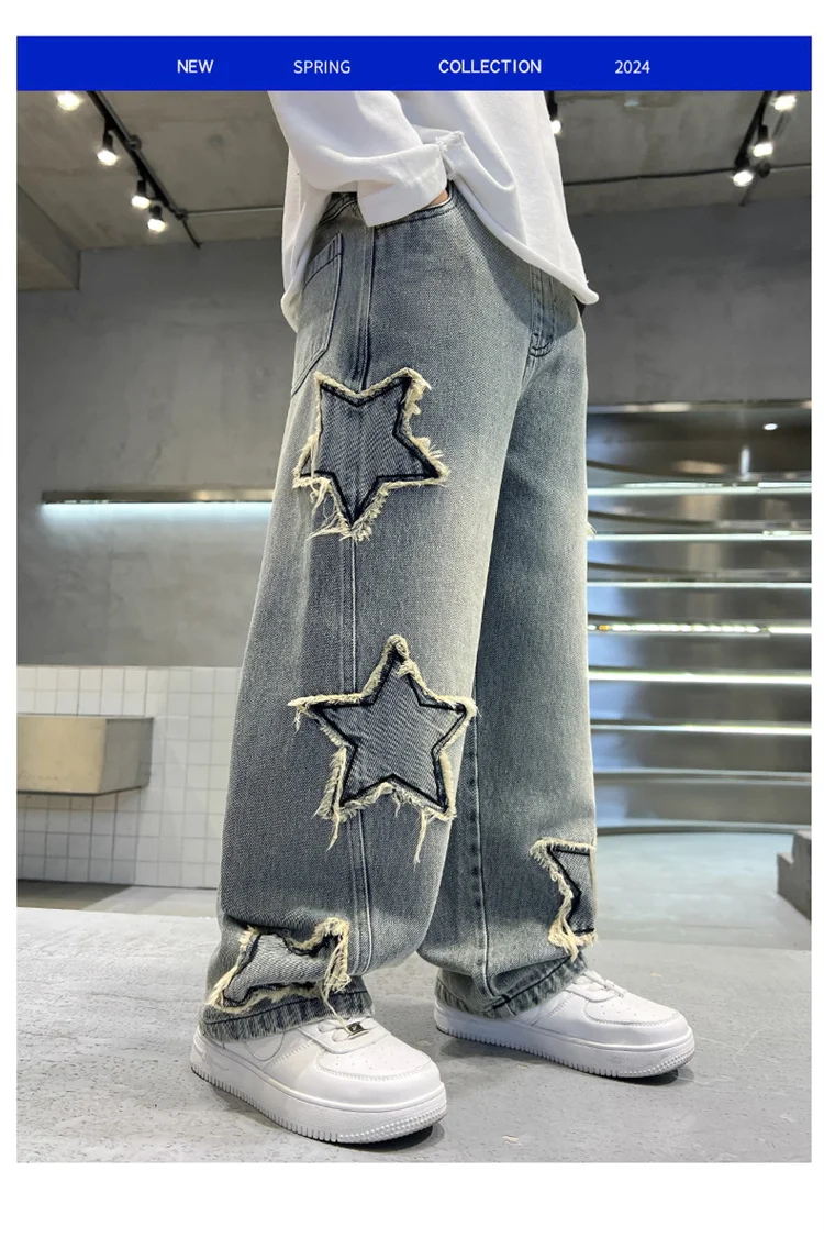 Koreanische Kinder-Jungen-Freizeitjeans mit Fünf-Punkt-Stern-Print, Denim-Hosen für Kinder, Bestseller, Jeans mit elastischem Bund, für Kinder von 5 bis 14 Jahren – Detail 7