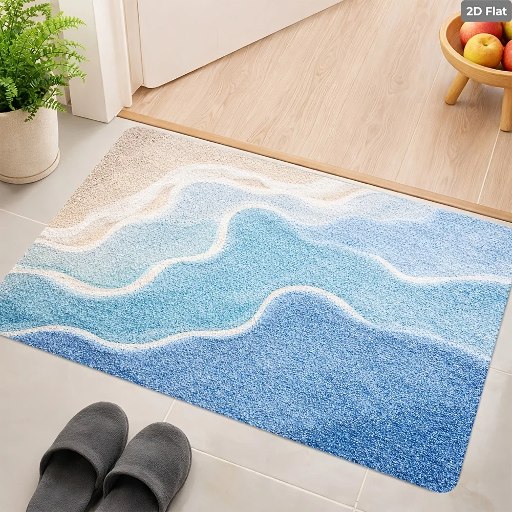 Modern blue gradient wave floor mat, minimalist water ripple rug for home hallway living room decor