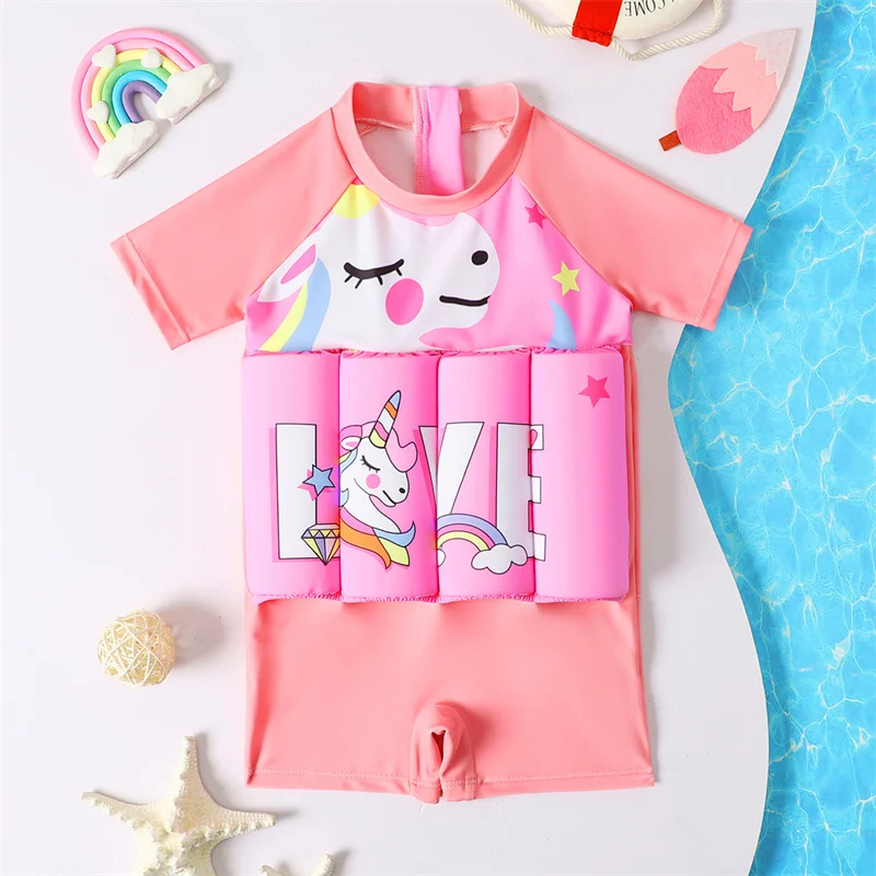 Girls Buoyancy Swimsuit Kids Summer Pool Clothing 2026 New Children Cartoon Print Swimwear Infant Floating Rash Guards Beachwear