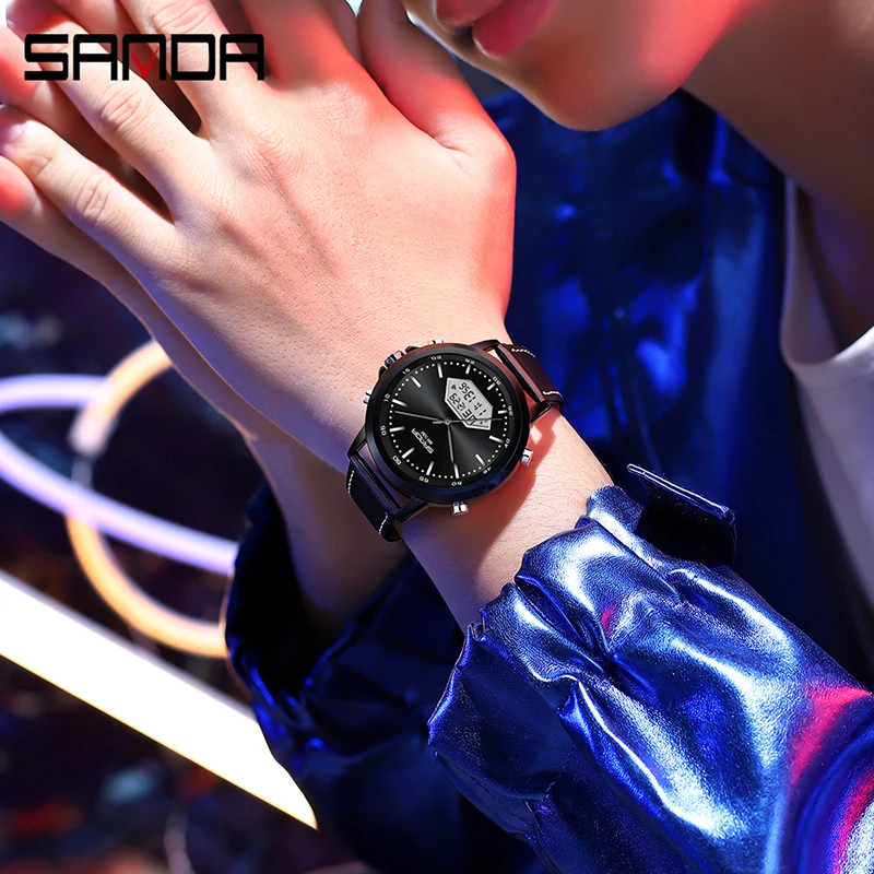 SANDA 3301 Sport Men Small Dial Boys Girls Students LED Digital Watches Military Waterproof Dual Display Wristwatch Relogio