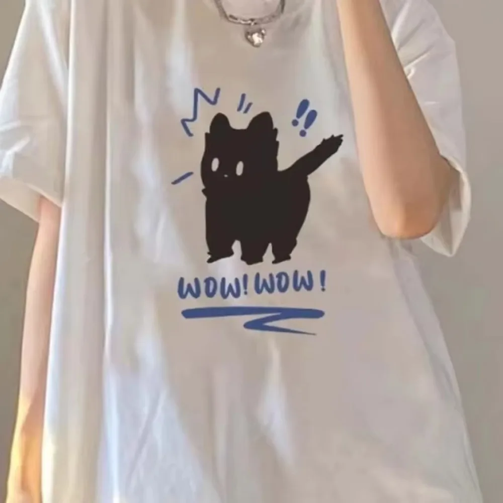 Feminino retro gatinho impresso casual manga curta camiseta rua tendência padrão camiseta harajuku roupas de rua camiseta algodão