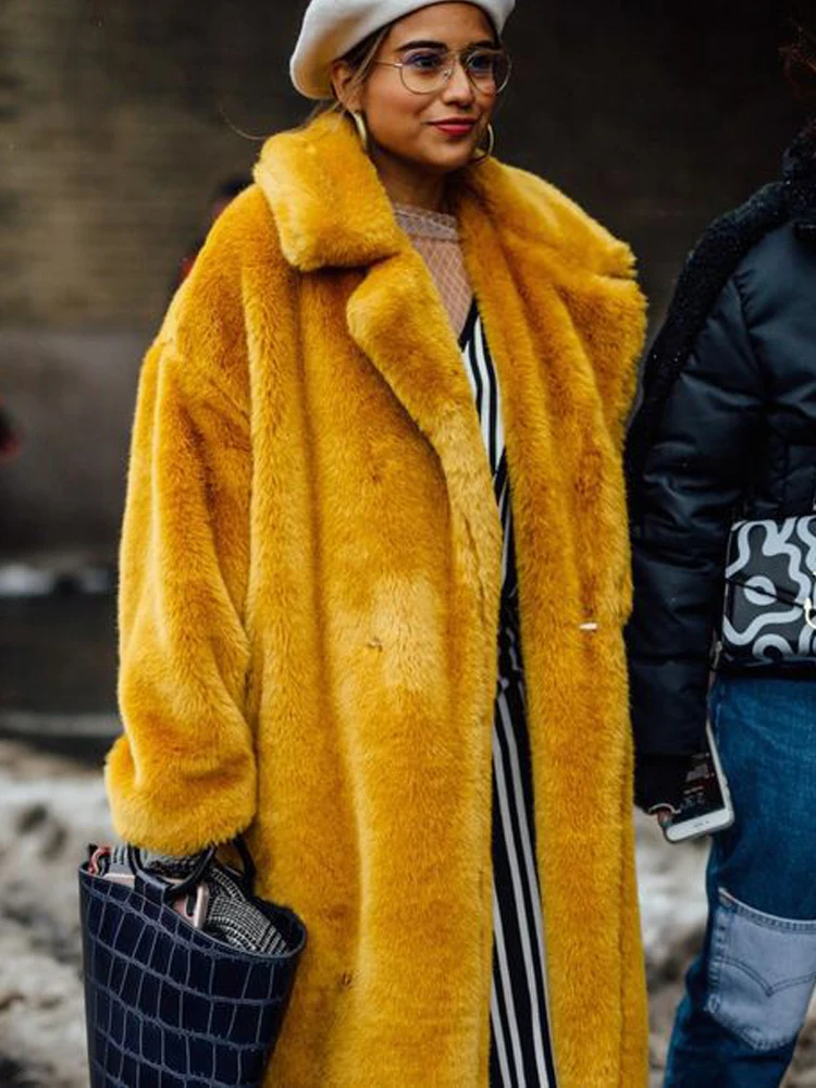 

Warm Thick Women Winter Fur Overcoat Fashion Streetwear Lace Up Turn Down Collar Long Coat Vintage Lady Faux Mink Fur Outerwear