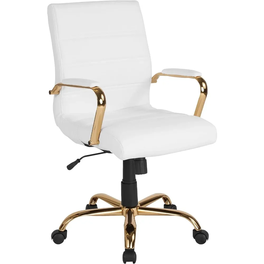 

Whitney Mid-Back Desk Chair - White LeatherSoft Executive Swivel Office Chair with Gold Frame - Swivel Arm Chair