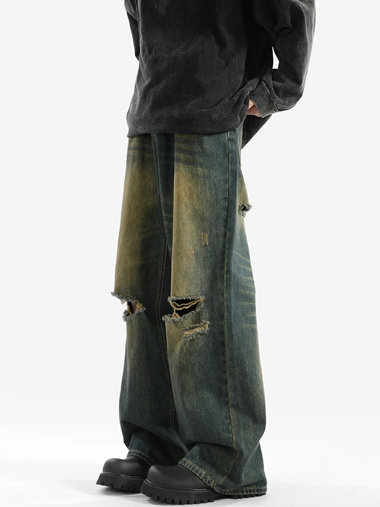 

Мужские летние американские джинсы с талией в стиле ретро, свободные прямые повседневные длинные брюки, износостойкие прямые джинсы-трубы