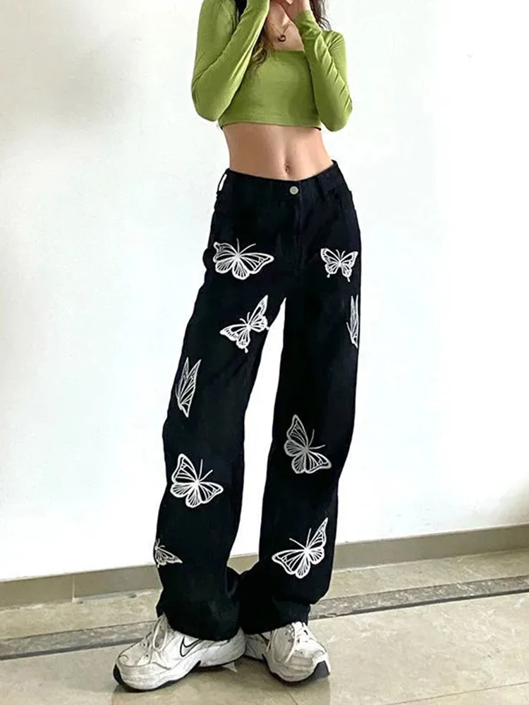 Jmprs Butterfly Print Retro Y2K Jeans Women Streetwear Casual Harajuku Denim Pants Korean Design High Waist Female Black Jeans