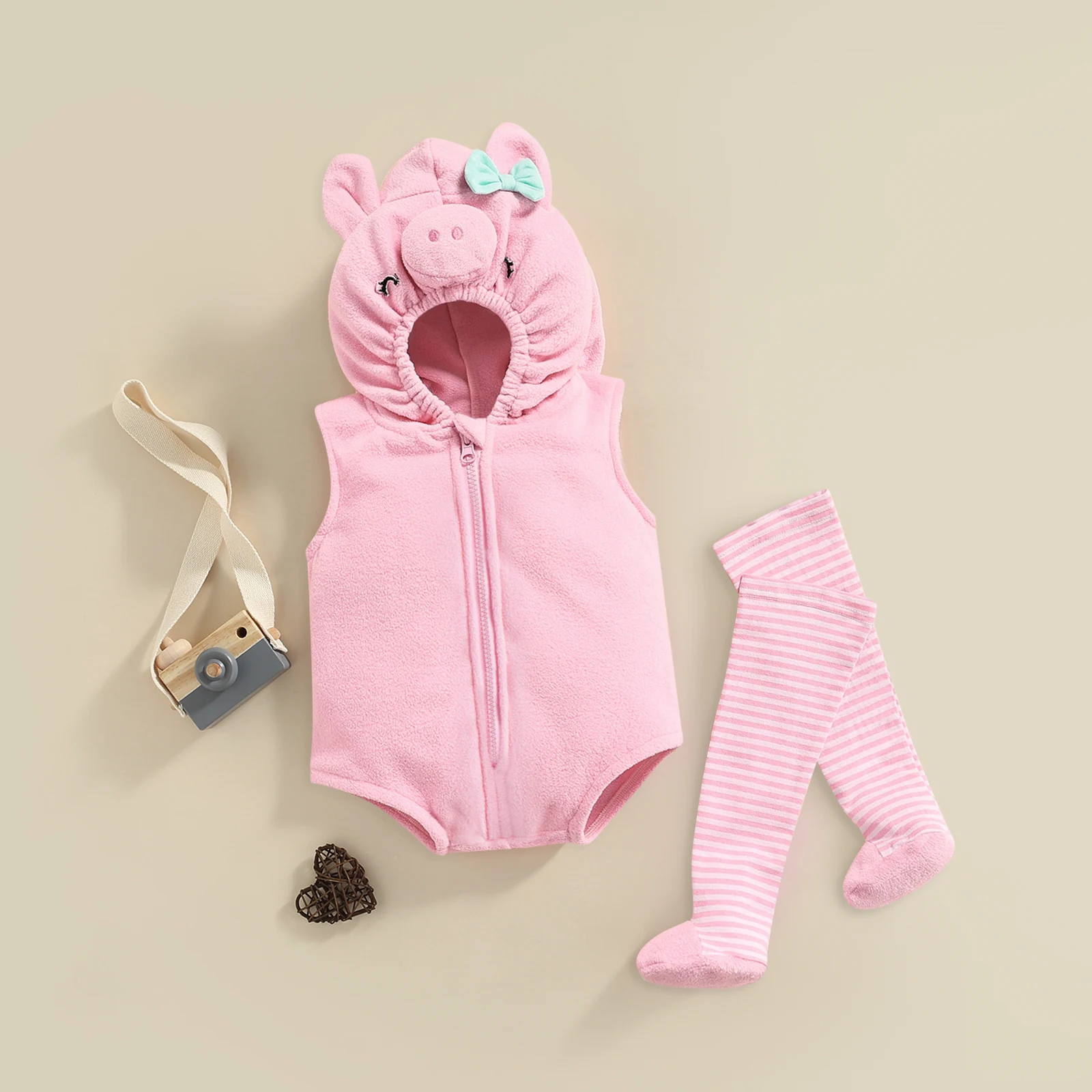 Cute Baby Cartoon Pig Cosplay Set Sleeveless Hooded Romper with Zipper Striped Stockings Costume photography Clothes