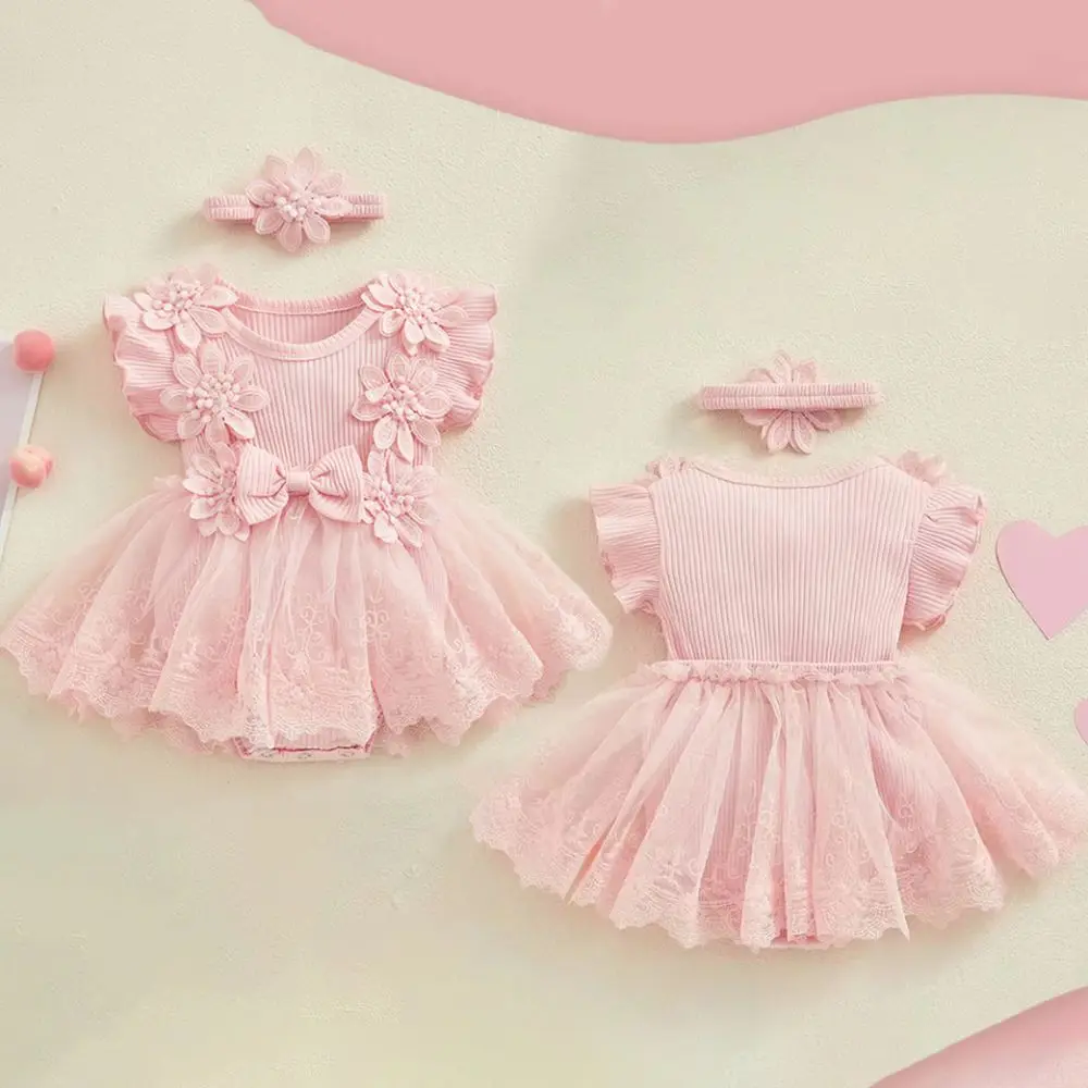 

New Design Cotton Baby Girl Princess Dress Bowknot Short Sleeve Toddle Petti Skirt Lace Mesh Sweet Baby Girl Bubble Dress Summer