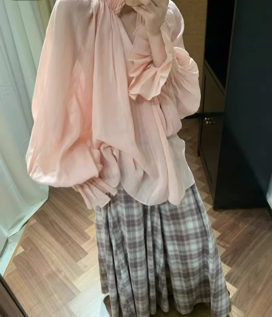 

2026 Spring Pink Loose Shirt Fashion Women's Chiffon Top Sexy Ladies Green Transparent Blouse