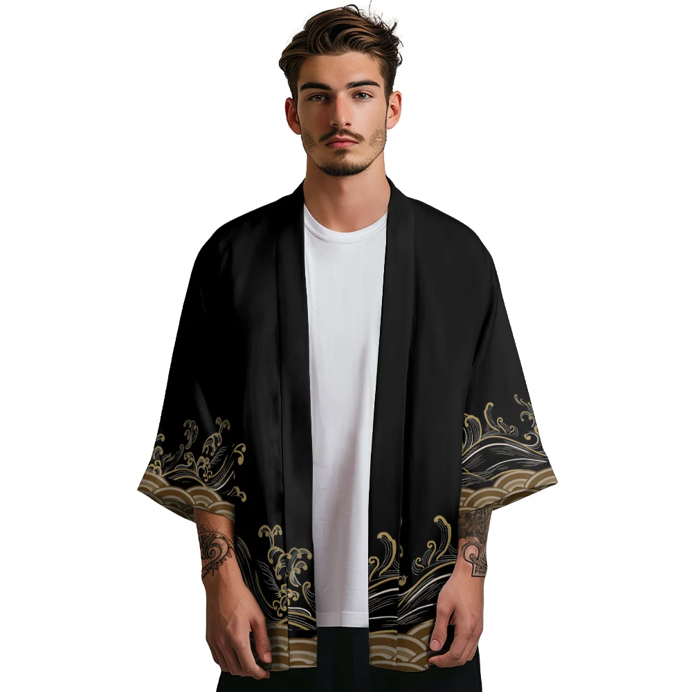 

Summer Kimono Men Wave Print Hawaiian Shirt Beach Cardigan Kimono Fashion Women Yukata Japanese Clothes Bathrobes Haori