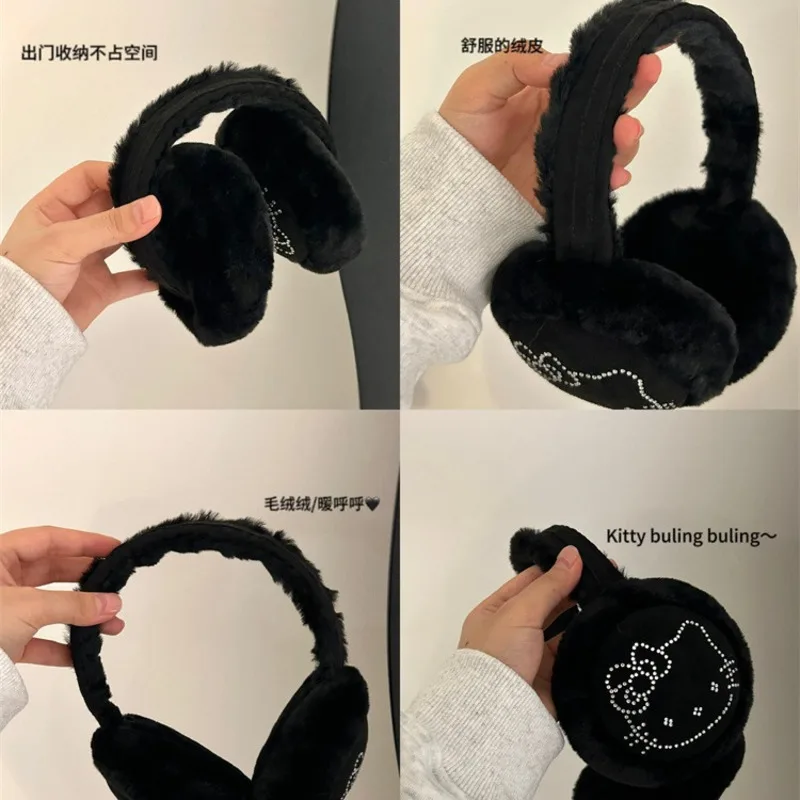 Hello Kitty Cat Earmuffs para mulheres, capas pretas de proteção auricular, cobertura de orelha, proteção contra frio, desenhos animados, inverno, novo